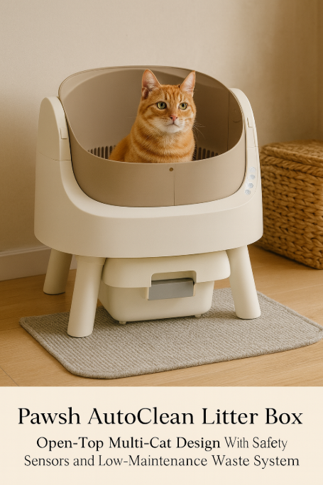 Pawsh AutoClean Litter Box, Open-Top Multi-Cat Design With Safety Sensors and Low-Maintenance Waste System